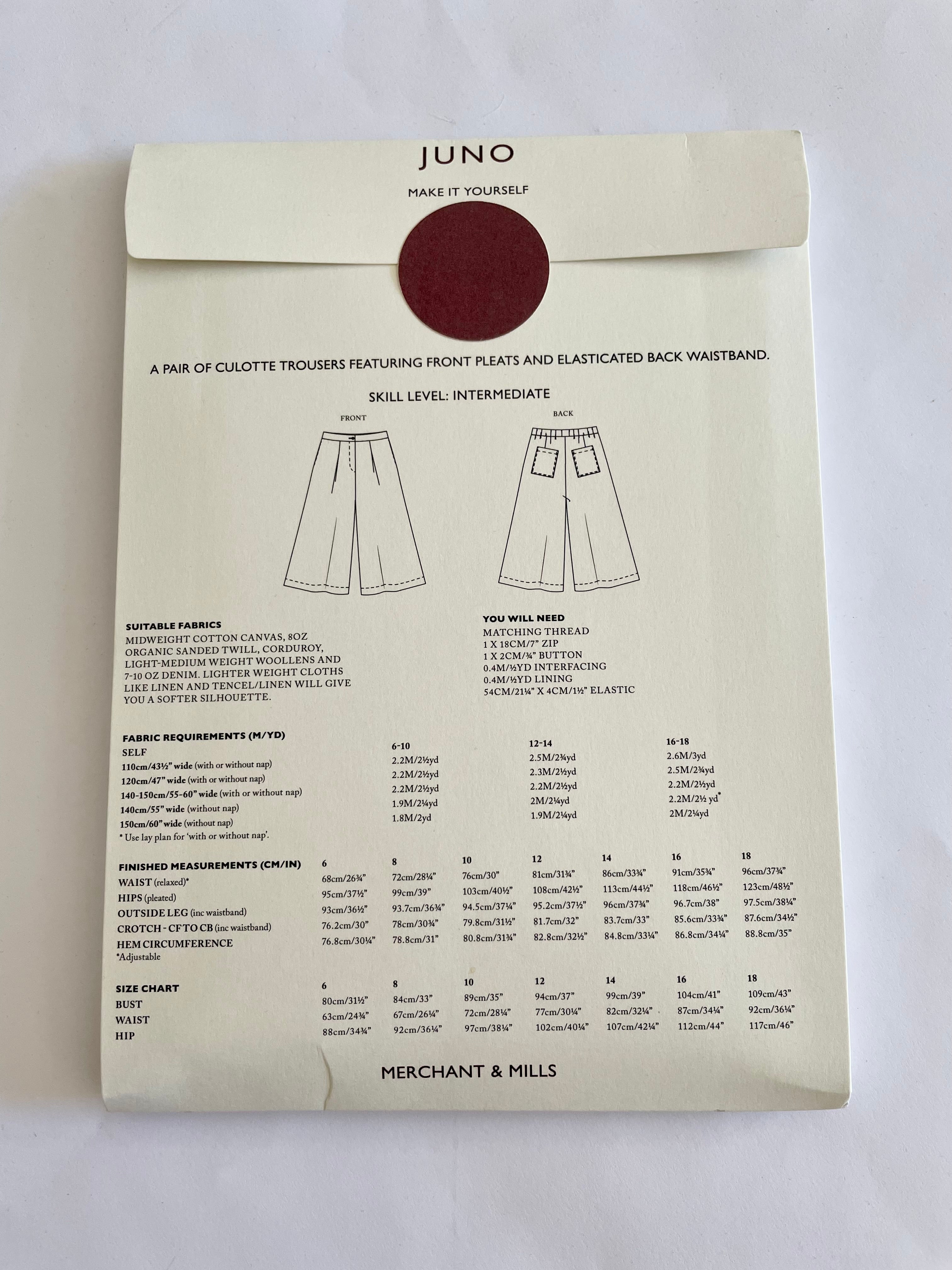 Merchant & Mills Juno Culotte Trousers Paper Sewing Pattern: 6-18
