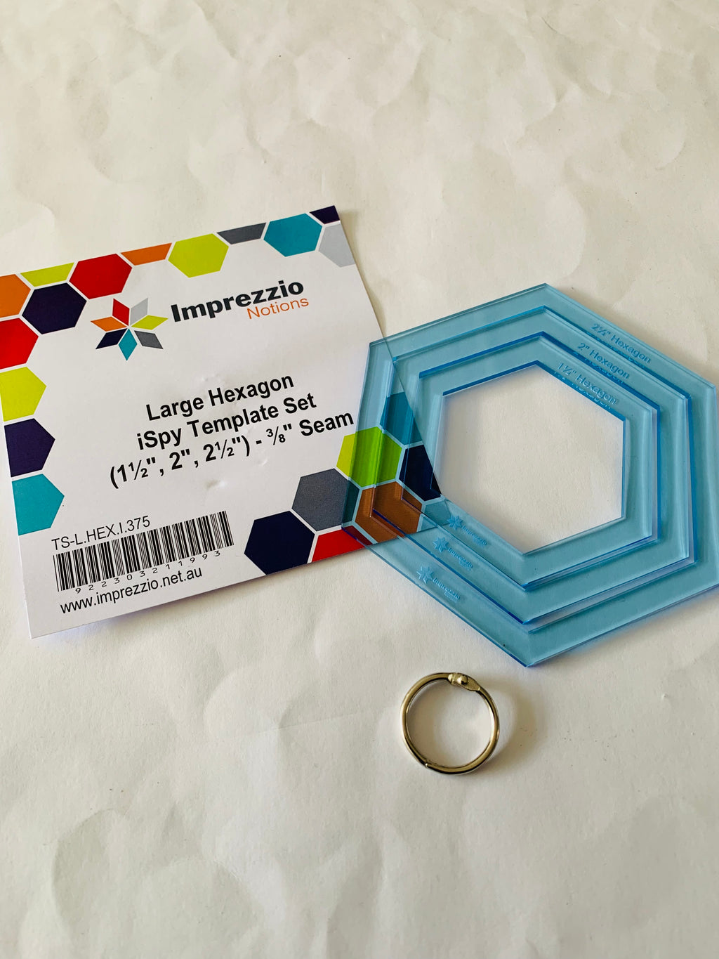 Imprezzio Large Hexagon iSpy Template Set: 1 1/2”, 2”, 2 1/2”, 3/8” seam