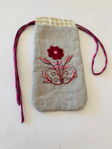 Block printed & embroidered pouch/ Flower