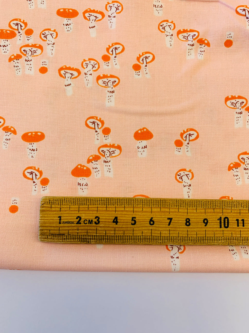 Heather Ross quilting cotton: Far Far Away 3/ Mushroom in hot orange