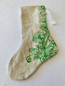 Hand screen printed linen Christmas Stocking/ Green