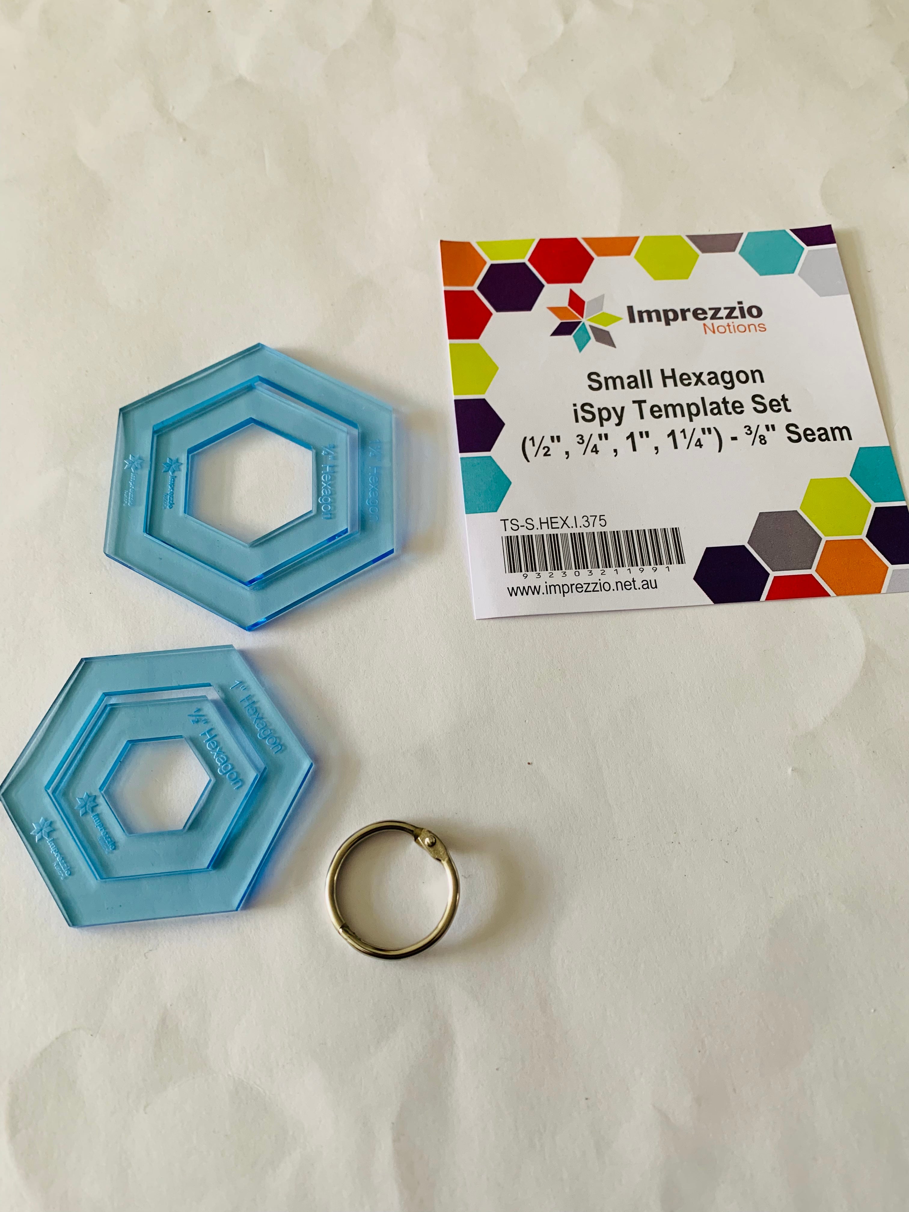 Imprezzio Small Hexagon iSpy Template Set: 1/2”, 3/4”, 1”, 1 1/4”, 3/8” seam