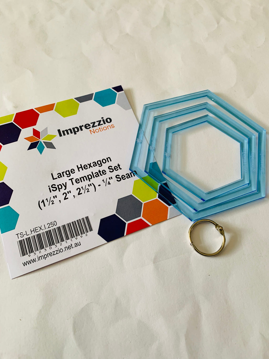 Imprezzio Large Hexagon iSpy Template Set: 1 1/2”, 2”, 2 1/2”, 1/4”seam