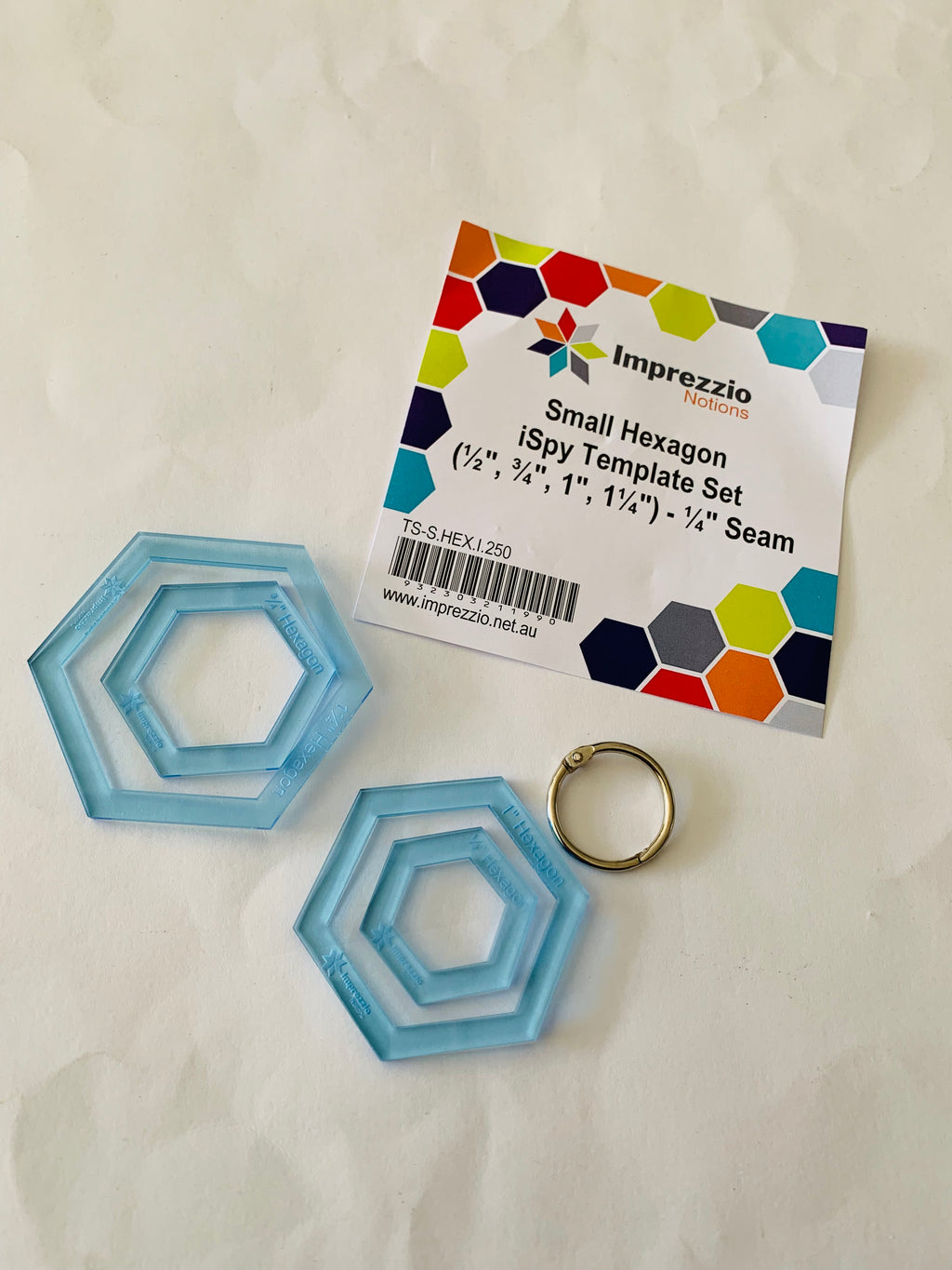 Imprezzio Small Hexagon iSpy Template Set: 1/2”, 3/4”, 1”, 1 1/4”, 1/4”seam